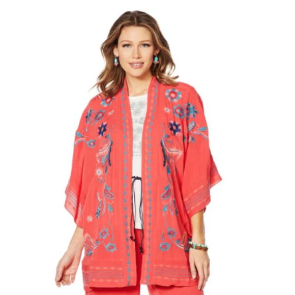 NWT Curations Embroidered Coral Kimono Cardigan Boho Festival Cover-Up 2X/3X - Picture 1 of 9
